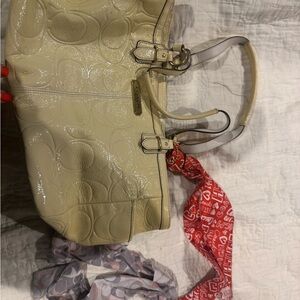 Coach Cream Shoulder Bag with Textured Fabric and Gold Hardware